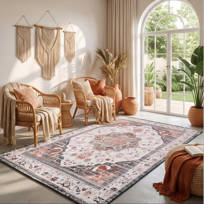 A children's play rug with a colorful road and school town theme, shown in a bright room with plants and wood flooring. The collage includes close-up detail panels of the rug's texture and corner.