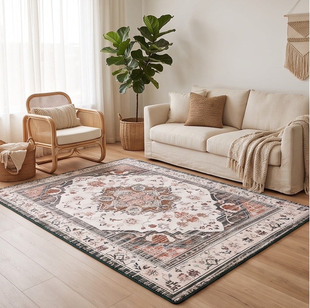 A traditional-style area rug with an intricate blue, beige, and green floral pattern, styled in a bright living room next to a beige armchair and potted plants.