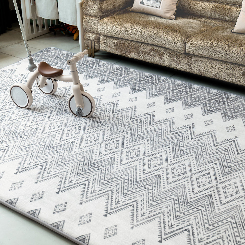Patterned rug with a toy tricycle on a living room floor.