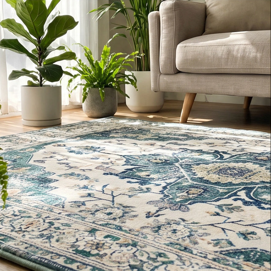 A traditional-style area rug with an intricate blue, beige, and green floral pattern, styled in a bright living room next to a beige armchair and potted plants.