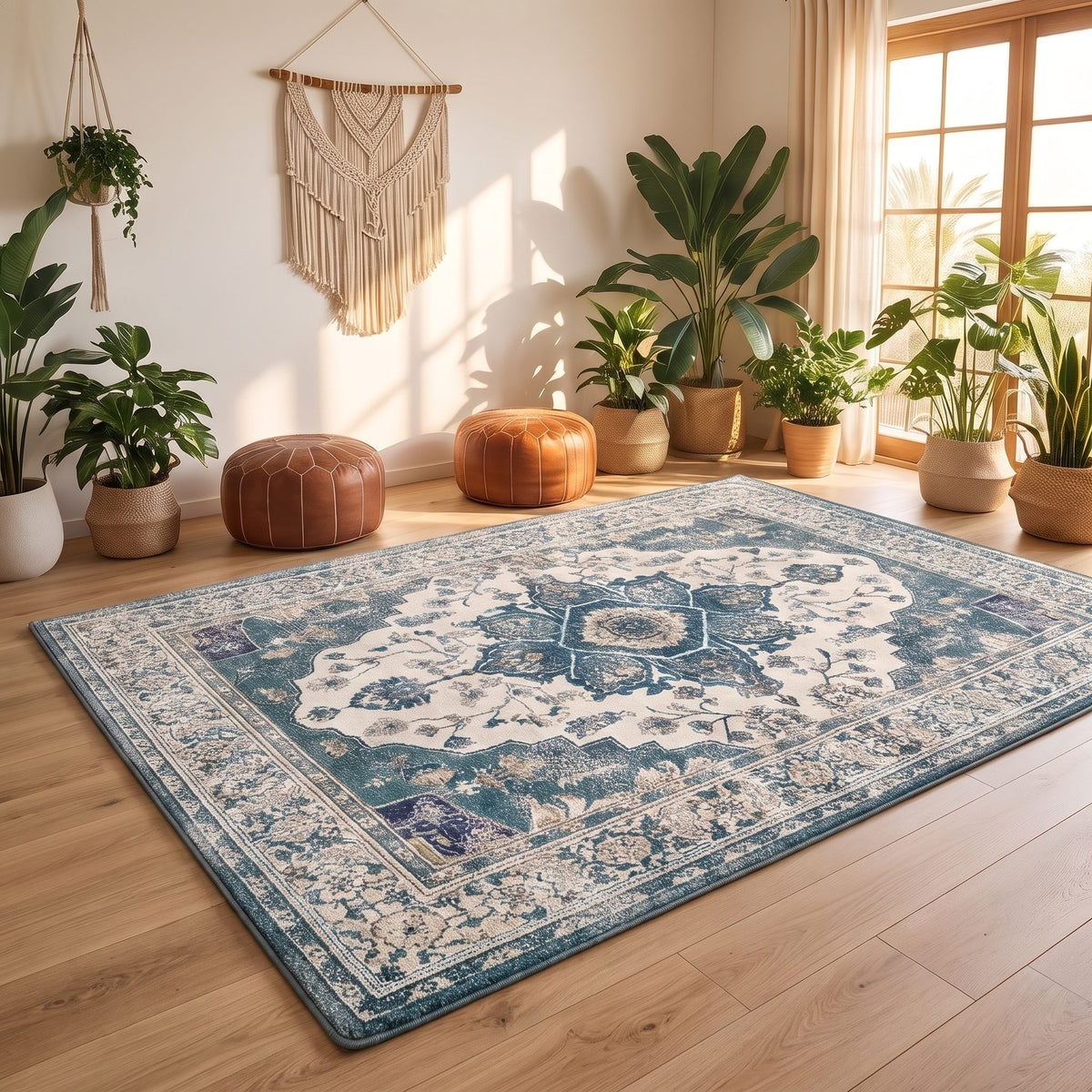 A rectangular area rug with an intricate blue and cream floral medallion pattern, styled on a light wood floor in a bright, modern room surrounded by potted plants and leather poufs.