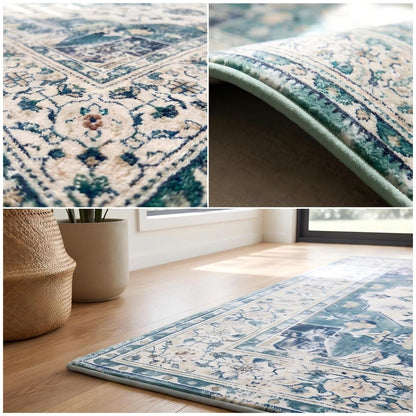 Collage showing a traditional patterned area rug in multiple views: a close-up of the ornate woven design, a close-up of the rolled edge and backing, and a wide view of the rug placed on a wood floor beside a woven basket and plant.