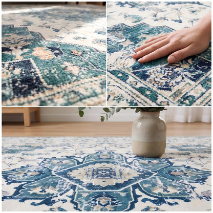 A collage showing a blue and cream patterned area rug in a home setting, with close-up views of the rug texture and a hand pressing down on the surface to show its thickness and resilience.
