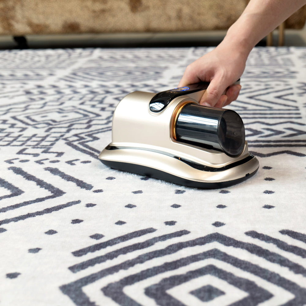 Person using a handheld vacuum cleaner on a patterned rug