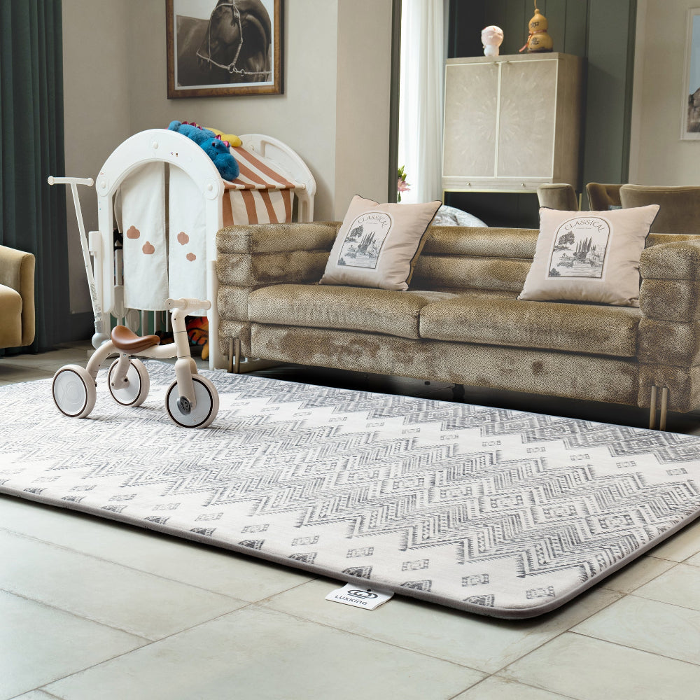 Living room with a patterned rug, sofa, and children's toys.