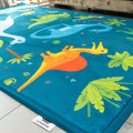 Colorful dinosaur-themed play mat with a Luxking label on a tiled floor.