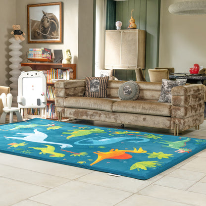 Living room with a brown sofa and colorful rug featuring cartoon characters.