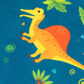 Colorful dinosaur illustration on a blue background with green leaves