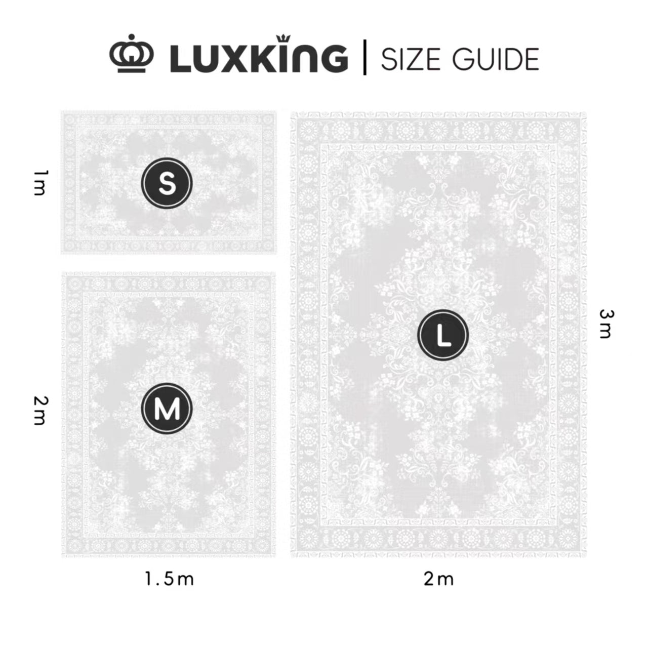 Luxking size guide showing small (S), medium (M), and large (L) dimensions on a white background.