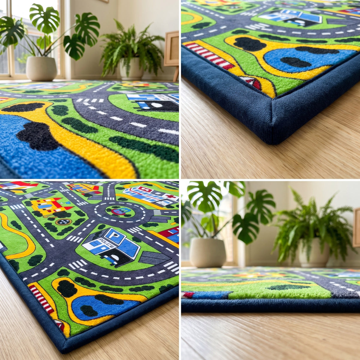 A children's road-map themed area rug shown in a four-panel collage, featuring a 3D tufted design with green grass, gray roads, blue water, yellow curves, and small road vehicles. The collage includes lifestyle shots of the rug on a light wood floor next to potted plants.