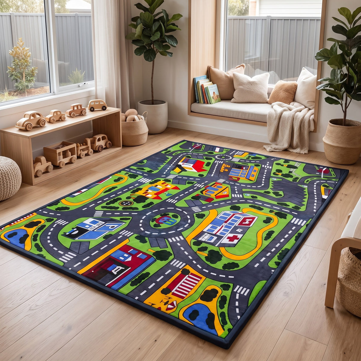 A colorful children's play rug with a city street and school pattern, styled on a light wood floor in a bright, modern playroom.