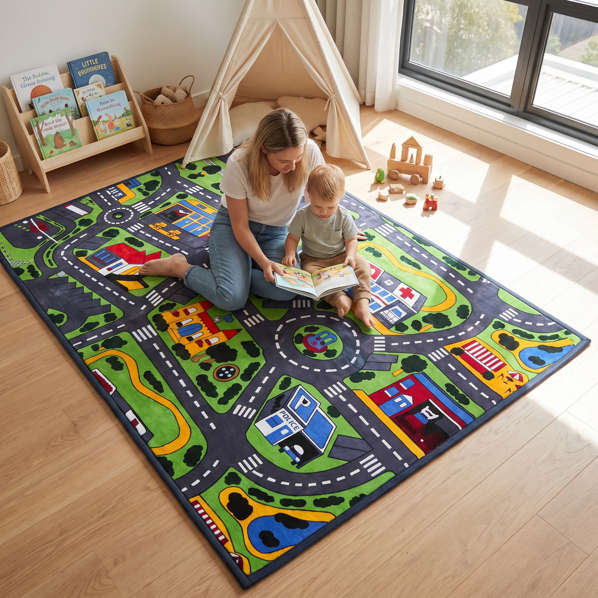 A woman and a young child sit on a colorful city-road play rug in a bright room, reading a book. The rug features roads, intersections, cars, trees, and play zones.