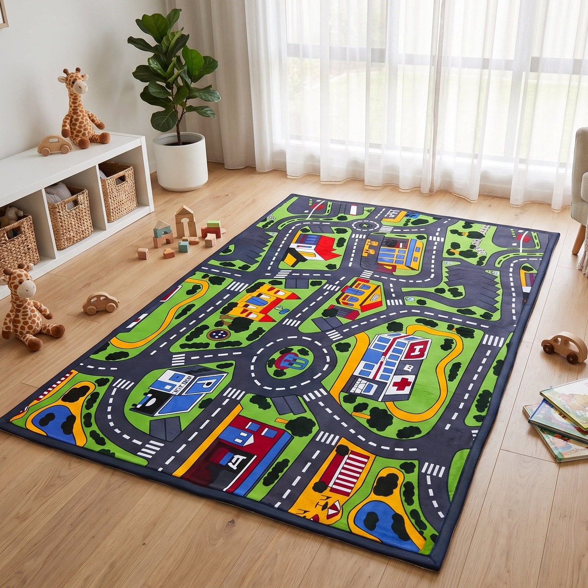 A children's road-map play rug with colorful roads, houses, trees, and vehicles, displayed on a light wood floor in a styled children's room.