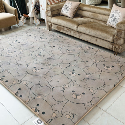 Living room with a teddy bear patterned rug and a brown sofa.