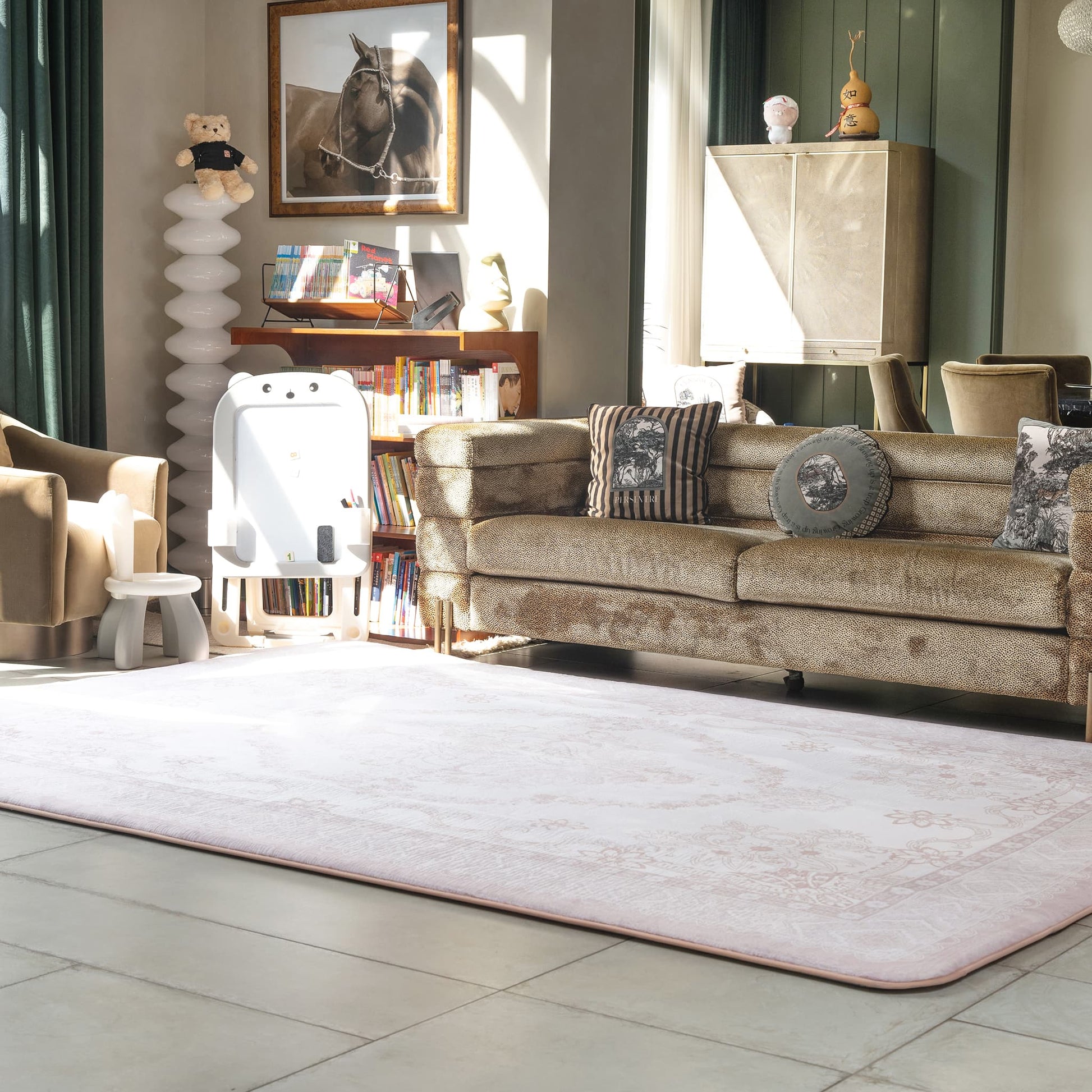 LuxKing Cloud Mat Medallion Floral Print Pattern in the Living room with a beige sofa, armchair, and decorative items.