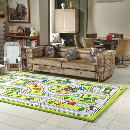 Living room with a brown sofa and a colorful children's play rug on the floor.