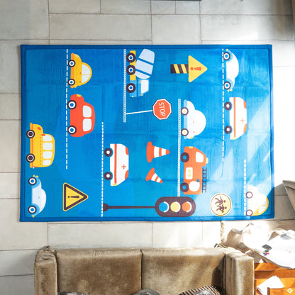 Children's play mat with vehicle patterns on a tiled floor