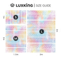 Luxking size guide with colorful patterned fabric swatches and measurements.