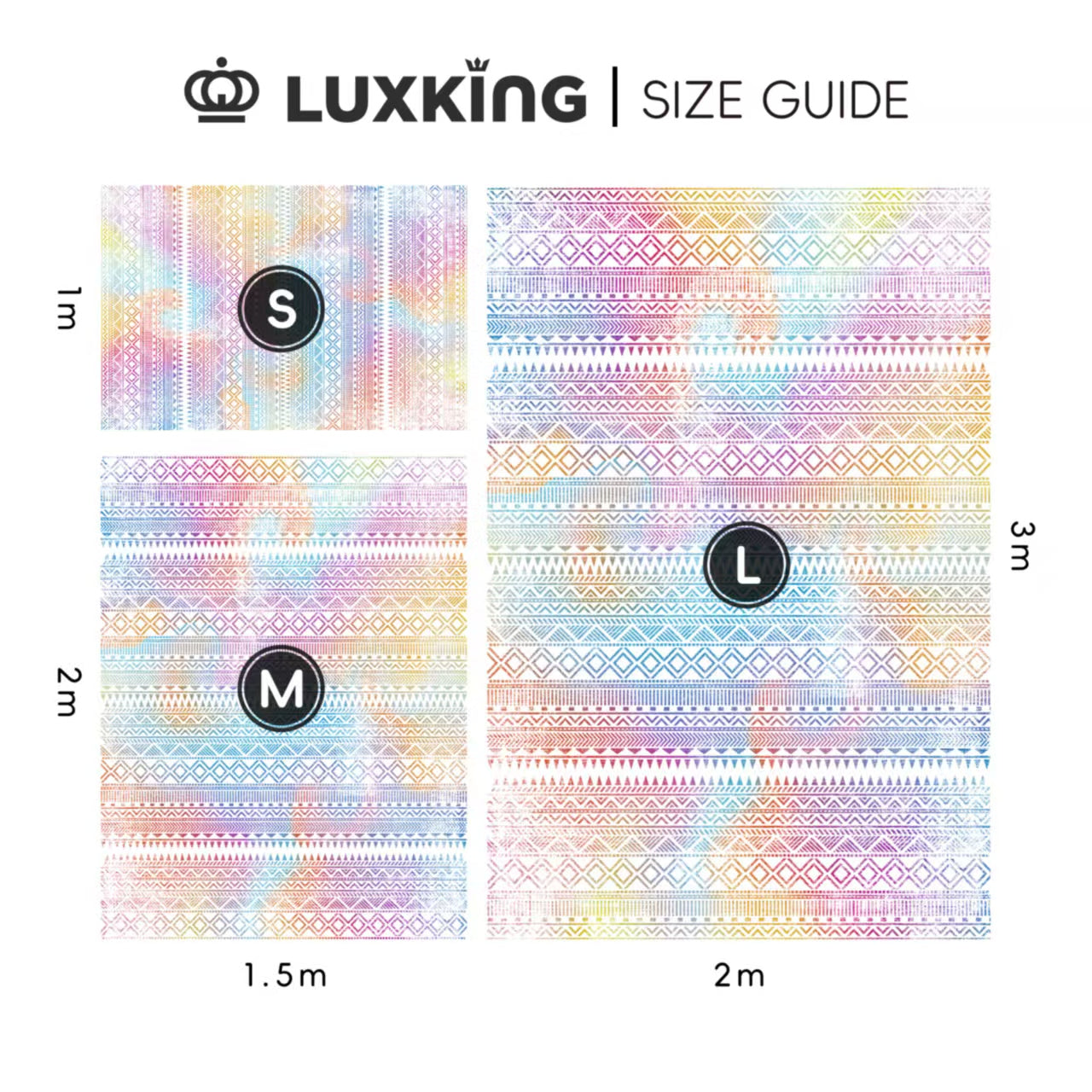 Luxking size guide with colorful patterned fabric swatches and measurements.