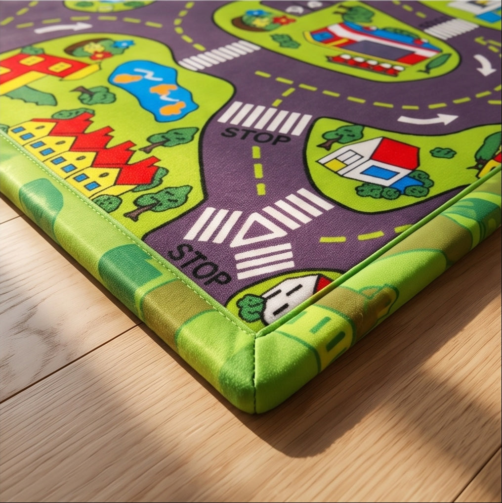 A children's play rug with a colorful cartoon road and house design, shown folded over on a light wood floor.
