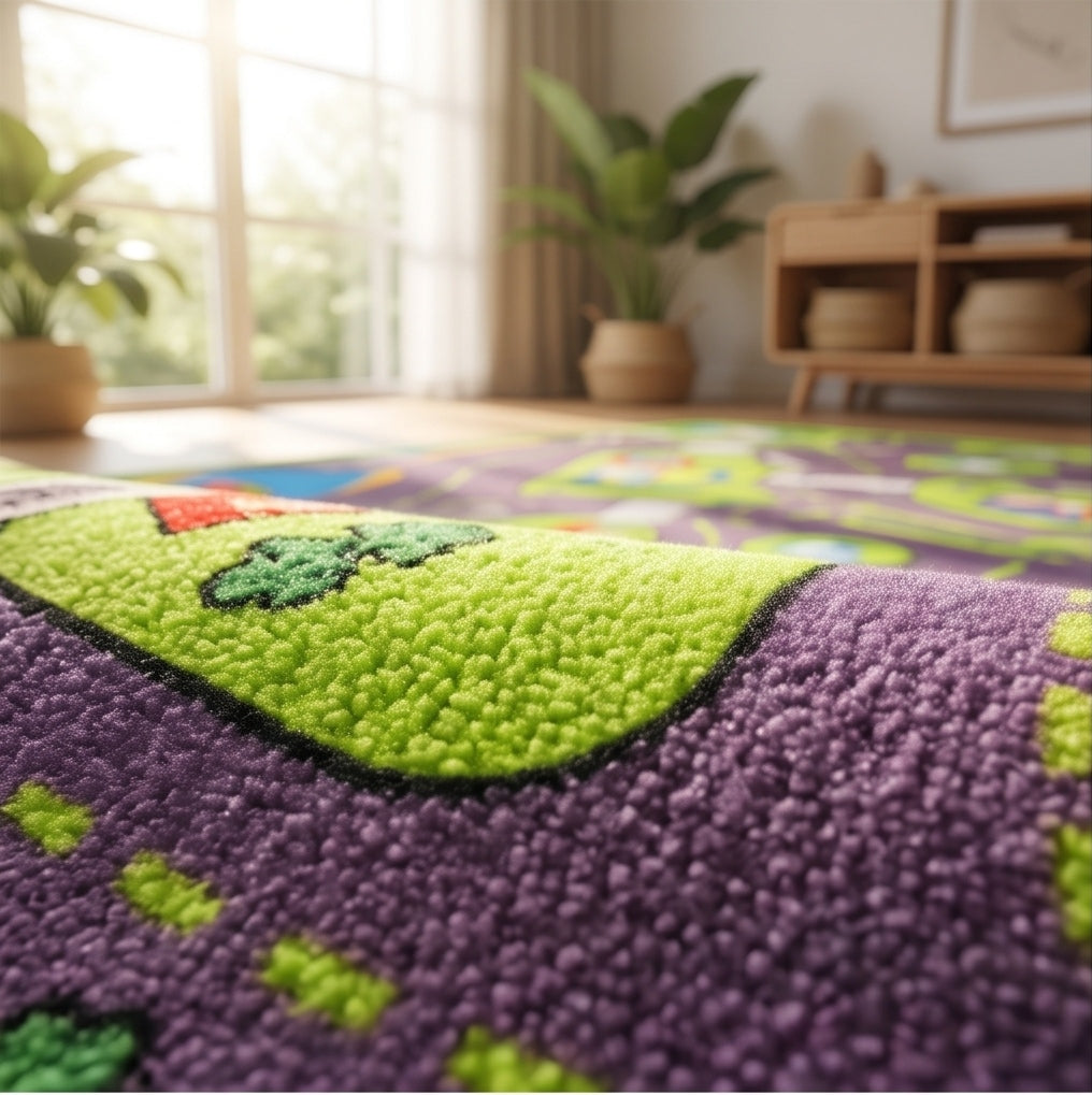 A close-up of a colorful, high-pile tufted rug in a bright living room. The rug features a dominant purple base with a bright lime green landscape-like pattern and small multicolor accents.