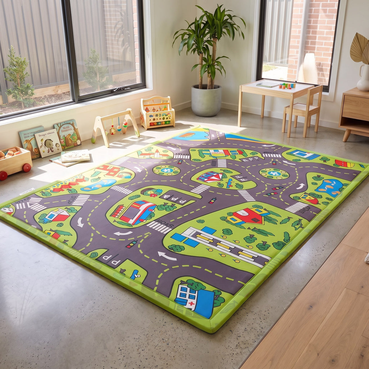 A large children's play mat with a road-map design is spread out on a concrete floor in a bright, modern playroom. The mat features gray roads, green grassy areas, and colorful illustrations of cars, houses, trees, and traffic lights.