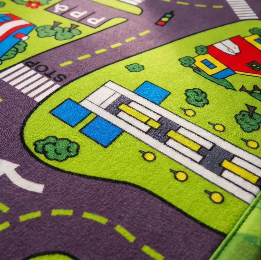 Close-up of a colorful children's play mat featuring a cartoon street scene with purple roads, green grass, blue and yellow road details, and small illustrated houses and trees.