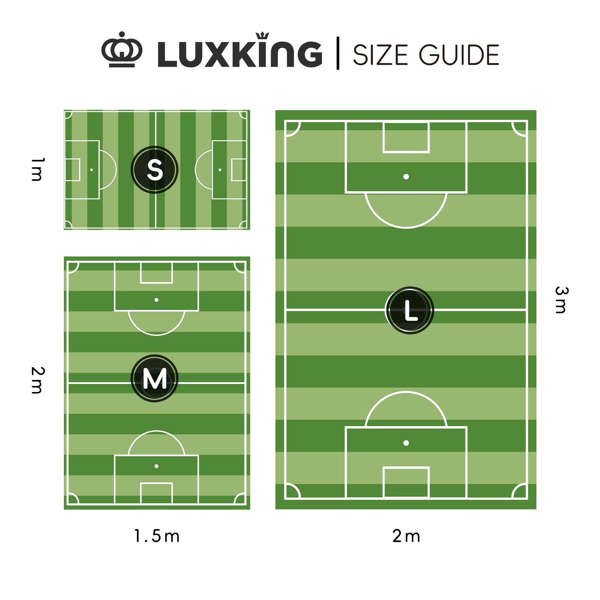 Luxking size guide for green sports fields with dimensions labeled.