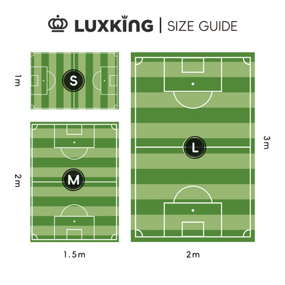 Luxking size guide for green sports fields with dimensions labeled.