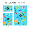 Luxking size guide with dinosaur-themed stickers on a blue background