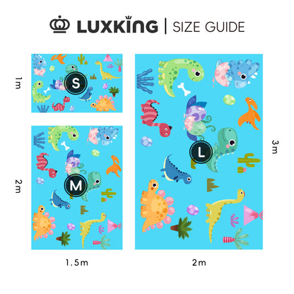 Luxking size guide with dinosaur-themed stickers on a blue background