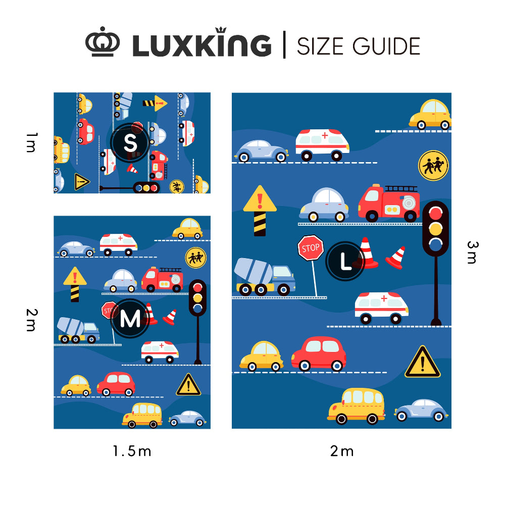 Luxking size guide for children's play mats with vehicle and traffic-themed design.