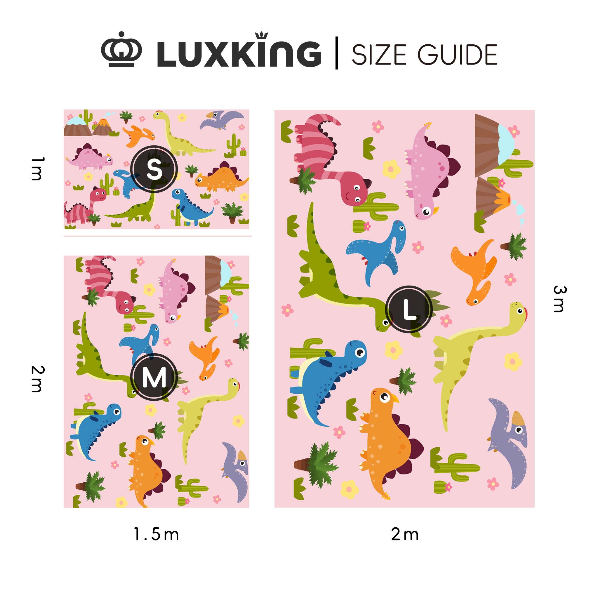 Luxking size guide for dinosaur-themed rugs on a pink background