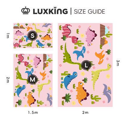 Luxking size guide for dinosaur-themed rugs on a pink background