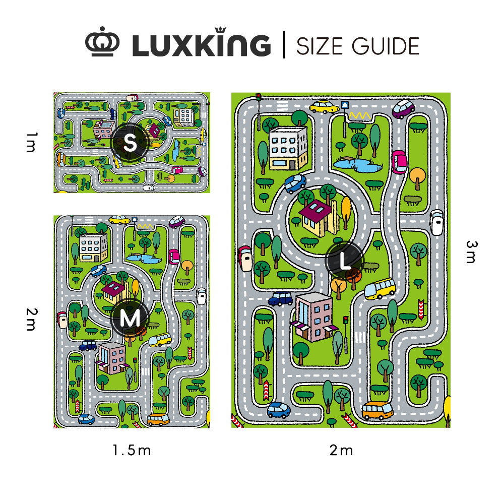 Luxking size guide for a children's play mat with different sizes labeled S, M, and L.