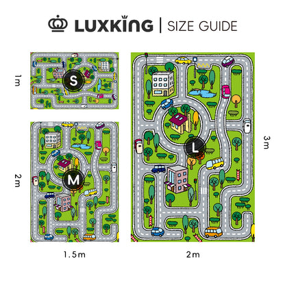 Luxking size guide for a children's play mat with different sizes labeled S, M, and L.