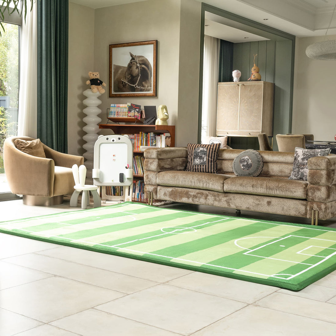 Living room with a LuxKing Cloud Mat of Classic Soccer Field design with  beige sofa, and decorative items around it