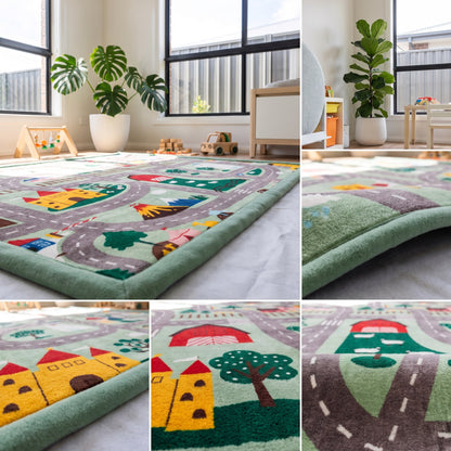 A children's play rug with a colorful city street and castle theme, shown in a bright, modern room. The collage includes a main wide view of the rug in the room, a close-up of the green border, a close-up of the castle detail, a close-up of the tree detail, and a close-up of the road detail.