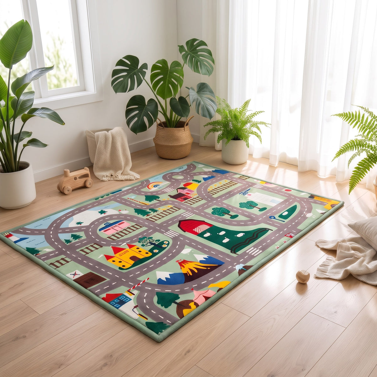 A children's road-map themed area rug shown in a four-panel collage, featuring a 3D tufted design with green grass, gray roads, blue water, yellow curves, and small road vehicles. The collage includes lifestyle shots of the rug on a light wood floor next to potted plants.