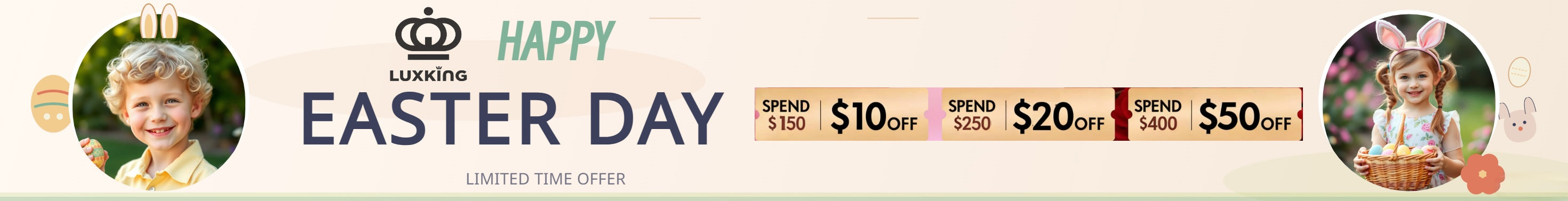 Promotional banner for Luxking with a child and Easter basket, featuring discounts on product prices.