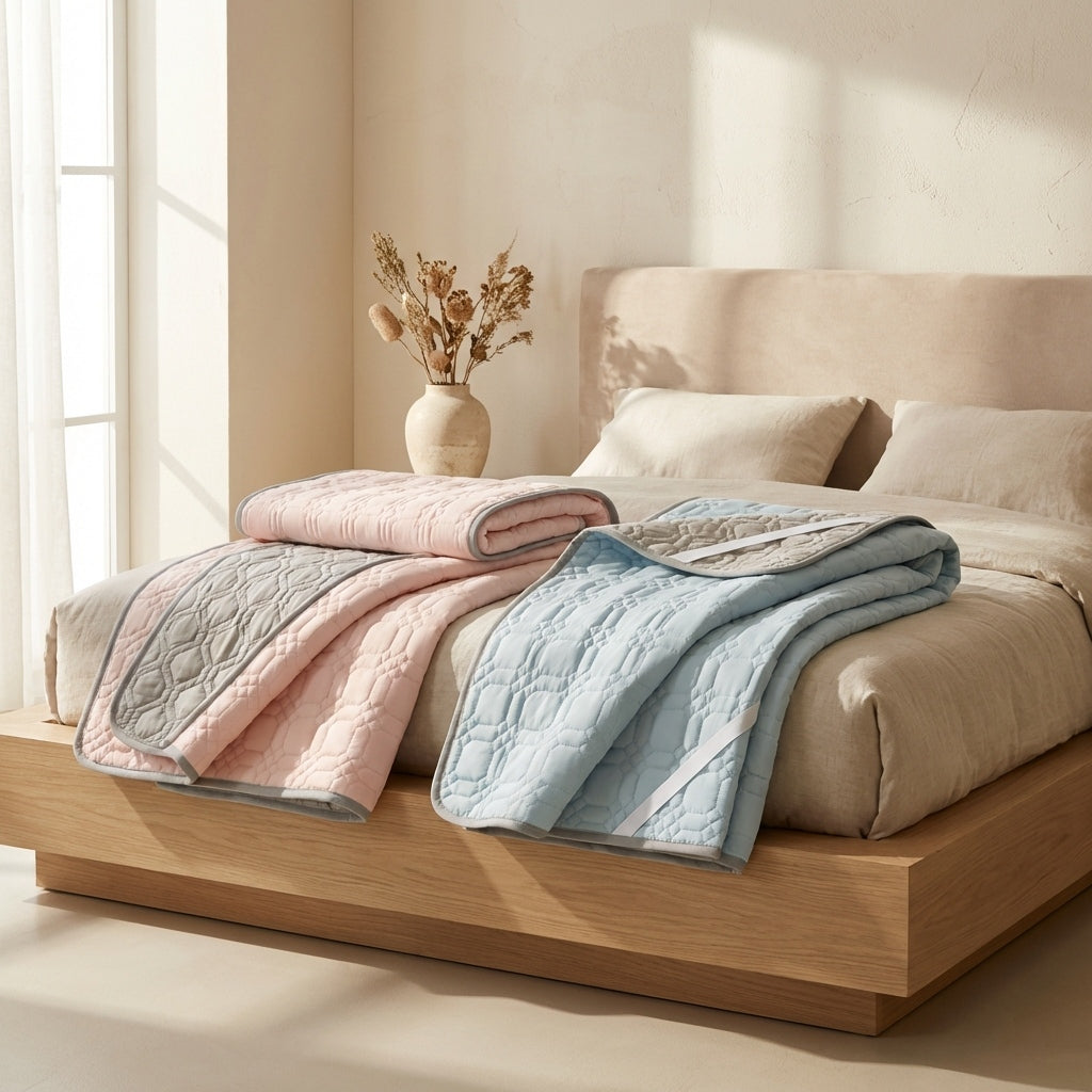 Bed with pink and blue textured blankets in a bright bedroom setting