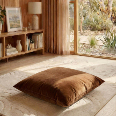 Brown pillow on a bed in a room with wooden shelves, books, and a large window.