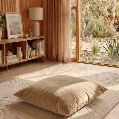 Living room with a large pillow on the floor, bookshelf, and window view.