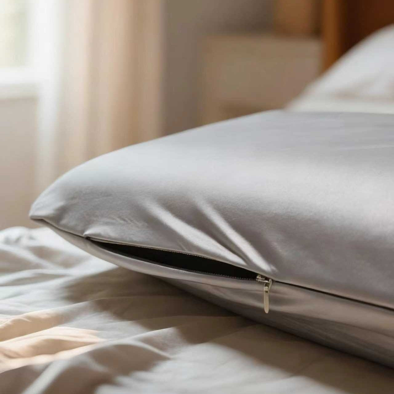 Gray pillow with a zipper on a bed in a softly lit room