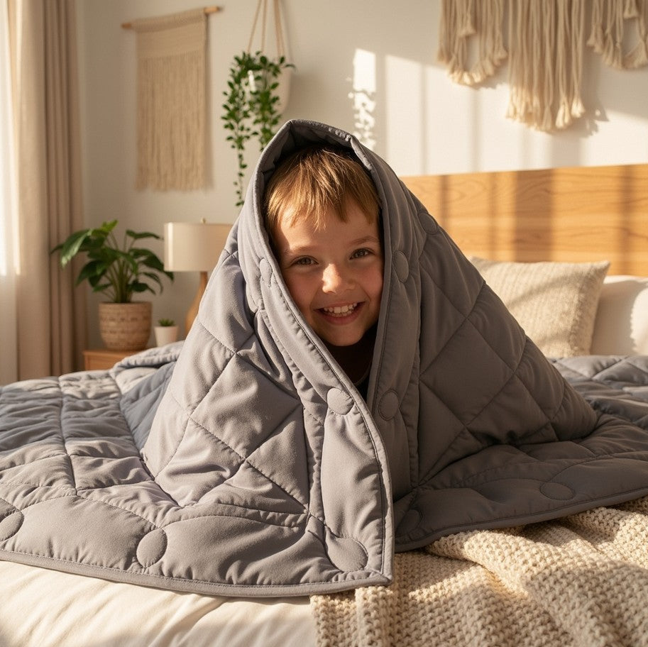 Child wrapped in a gray weighted blanket on a bed in a cozy bedroom.