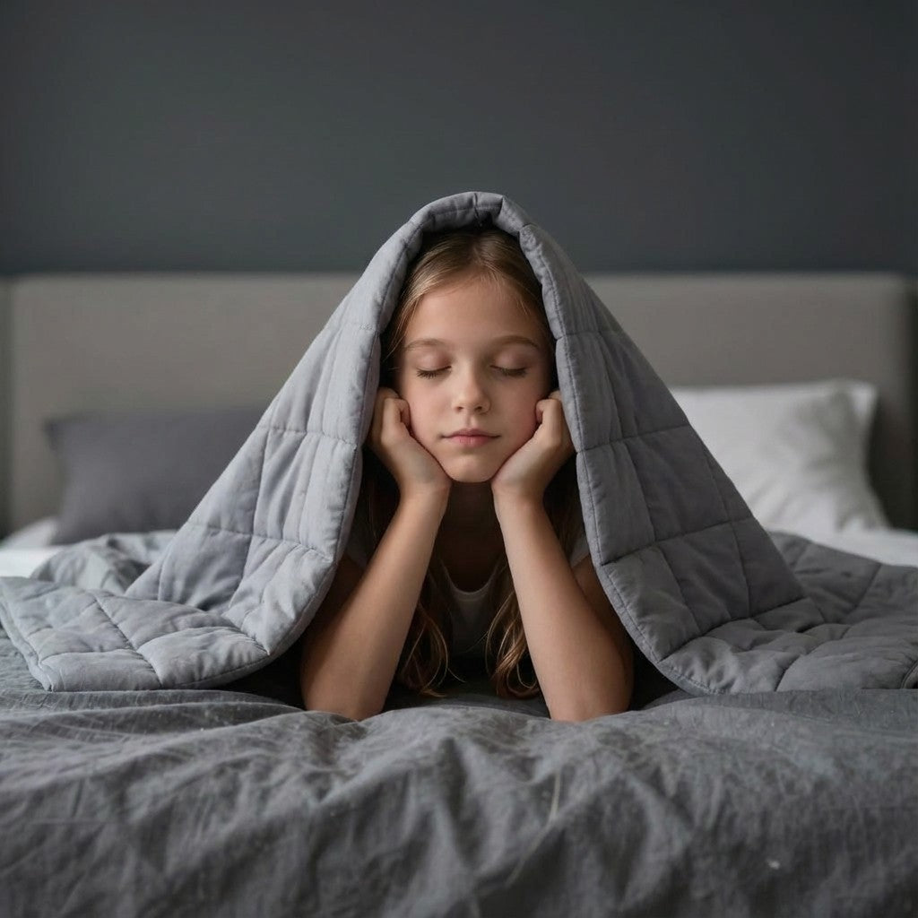 Young girl under a gray blanket on a bed with a dark gray wall in the background
