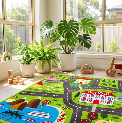 A colorful children's play rug with a road-map style layout, school, trees, boats, and animals, styled in a bright children's room with potted plants and wooden toys near large windows.