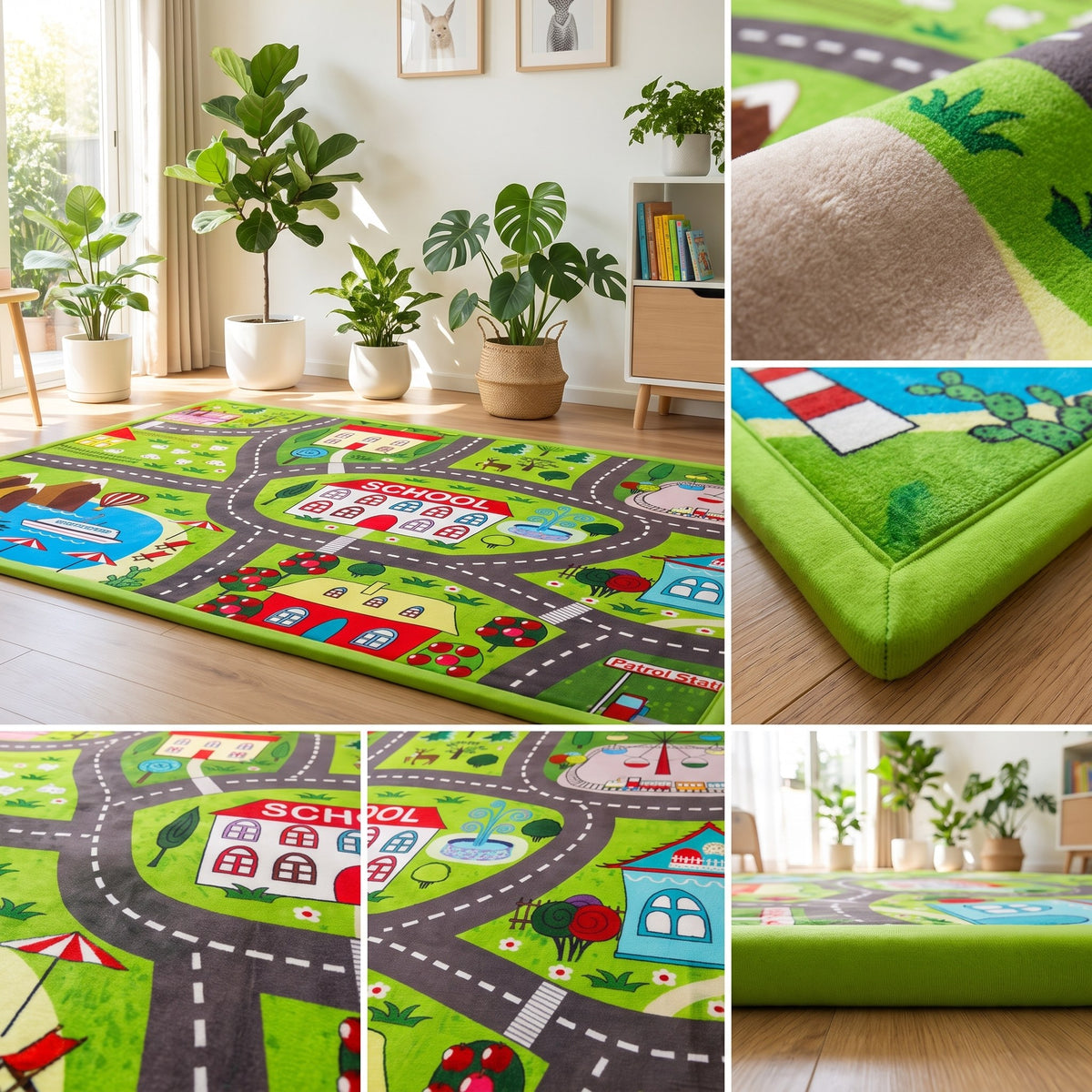 A children's play rug with a colorful road and school town theme, shown in a bright room with plants and wood flooring. The collage includes close-up detail panels of the rug's texture and corner.