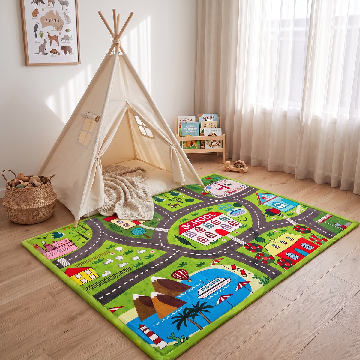 A colorful children's play rug with a road-map and city design is spread out on a light wood floor in a bright nursery. A cream teepee tent, a small wooden bookshelf with books, and sheer curtains are visible in the background.