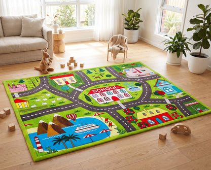 A large rectangular children's play rug with a colorful city street and school theme, displayed on a light wood floor in a bright, modern living room.